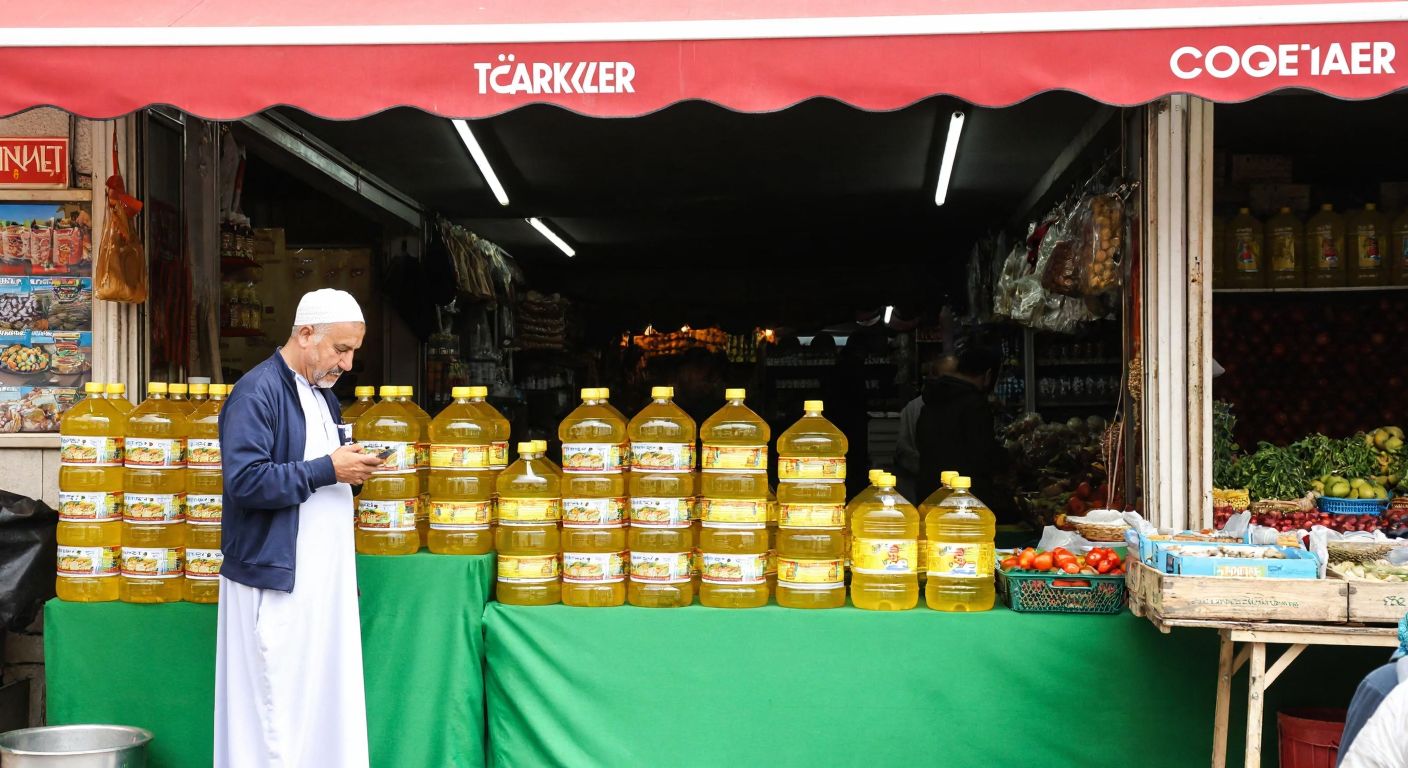 A bustling Turkish market stall with stacked 5-liter sunflower oil bottles, a farmer in traditional attire checking his phone, and a cooperative sign in the background, conveying anticipation and commerce.