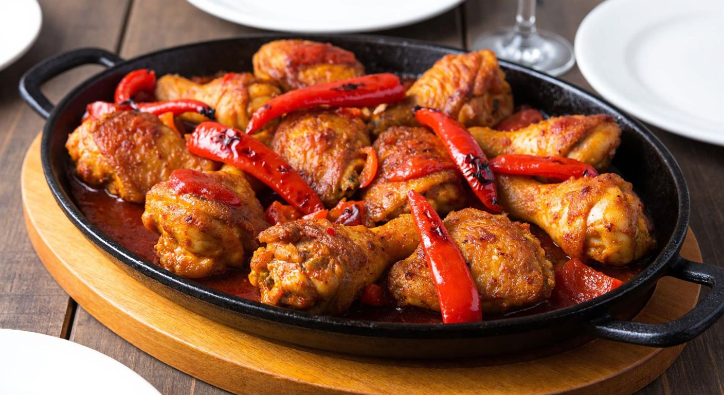 A sizzling plate of golden-brown spiced chicken pieces glazed with smoky barbecue sauce, garnished with vibrant red California peppers, placed on a rustic wooden table in a cozy Turkish eatery.