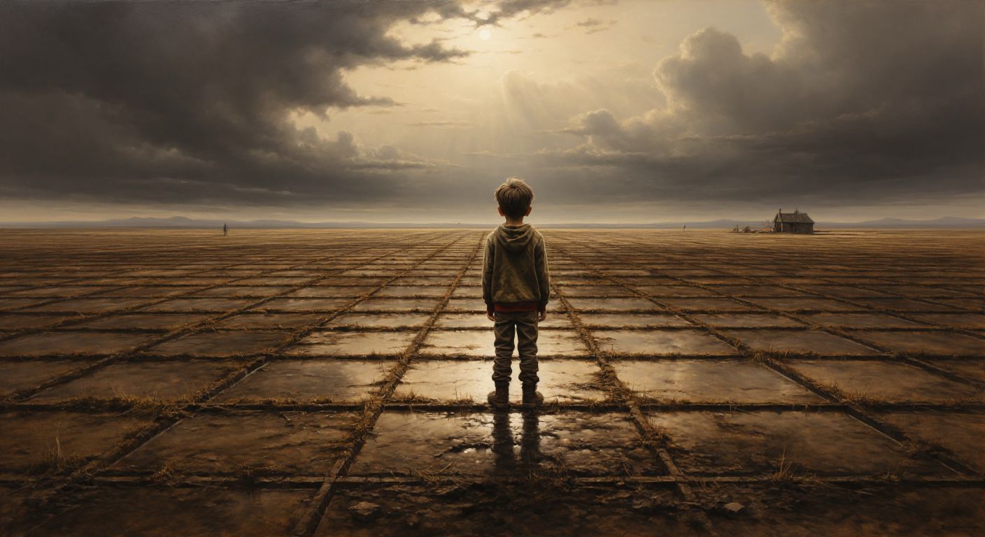 A young boy standing in the middle of a large, empty square field marked by a 10x10 meter grid, looking curiously at the space around him.