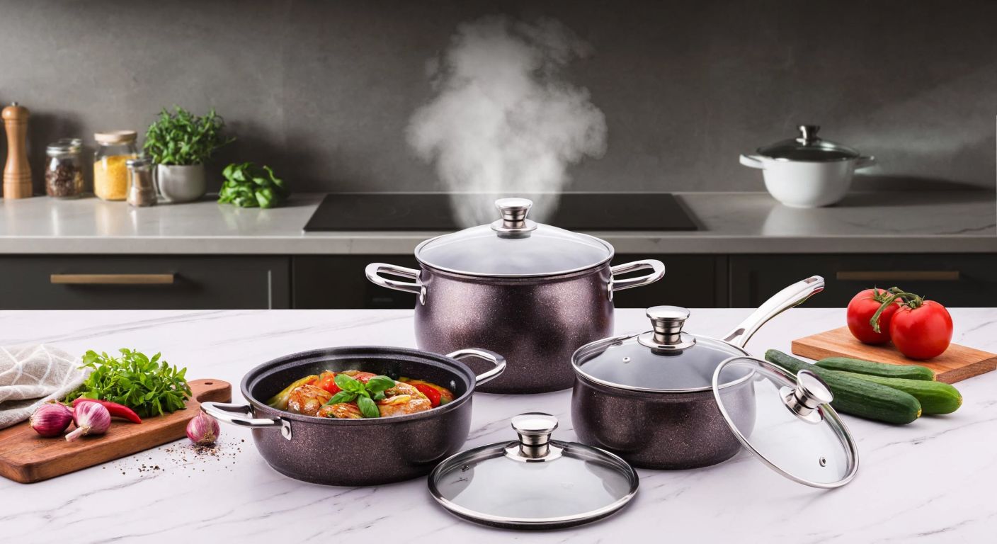 A modern Turkish kitchen with a shiny **OMS 7-piece granite cookware set** placed neatly on a marble countertop, steam rising from a freshly cooked **healthy meal** inside one of the pots, surrounded by fresh vegetables and herbs.