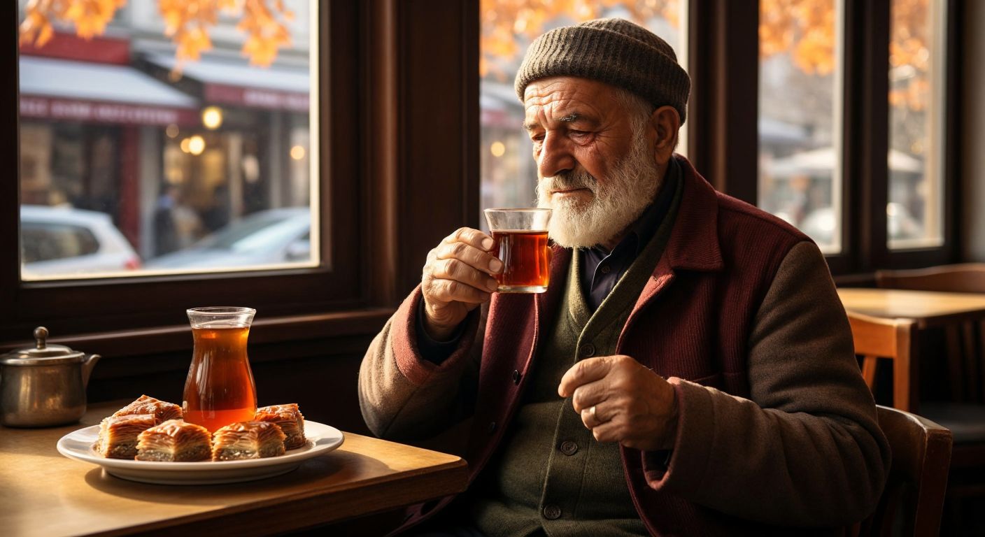 A Turkish elder in a cozy café wisely sipping çay from a delicate tulip-shaped glass, with a half-eaten plate of baklava beside him, embodying contentment and moderation.