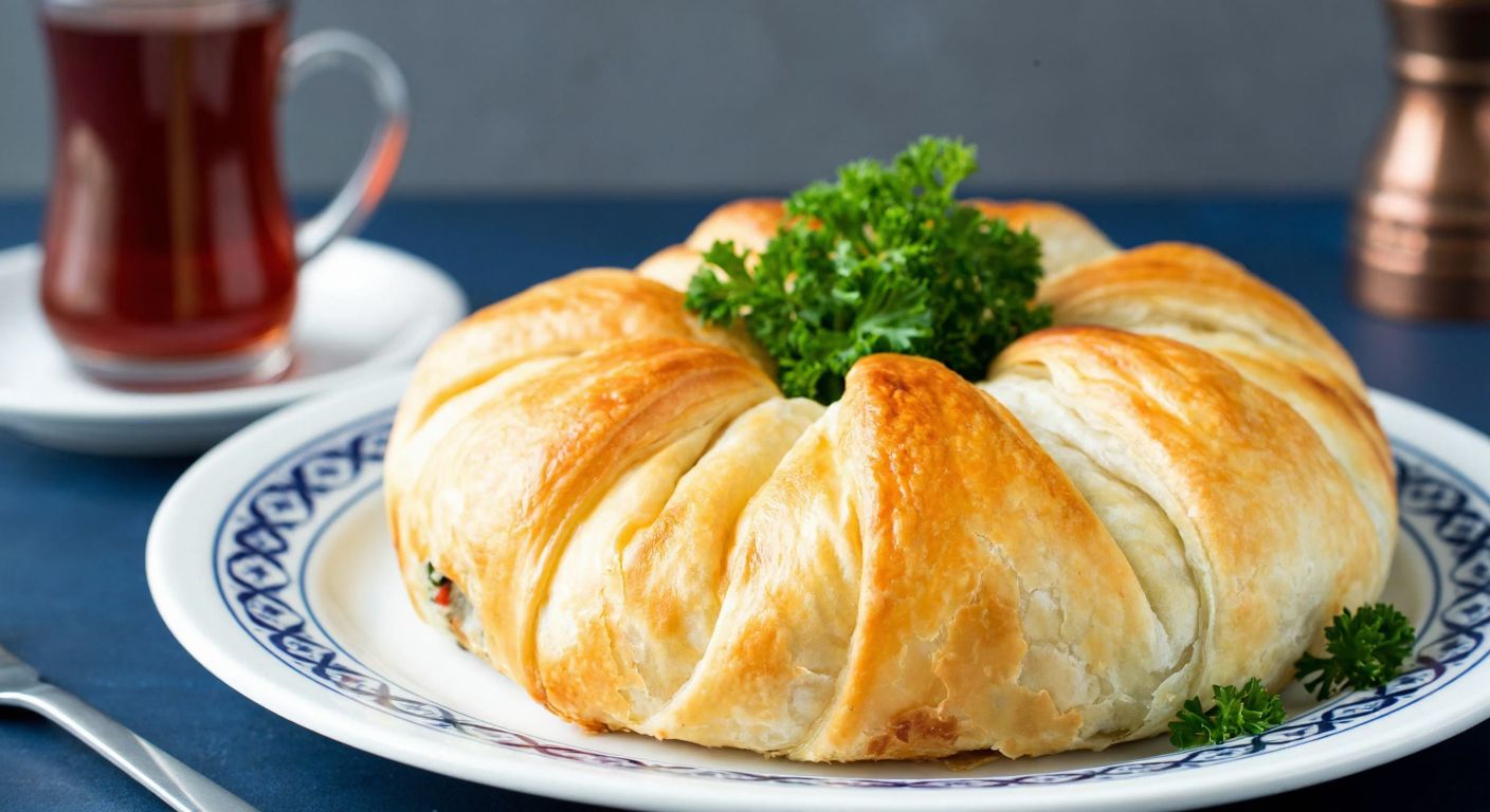 A golden-brown, flaky yufka-wrapped sultan kebab, garnished with fresh parsley, resting on a traditional Turkish ceramic plate with a steaming cup of çay in the background.