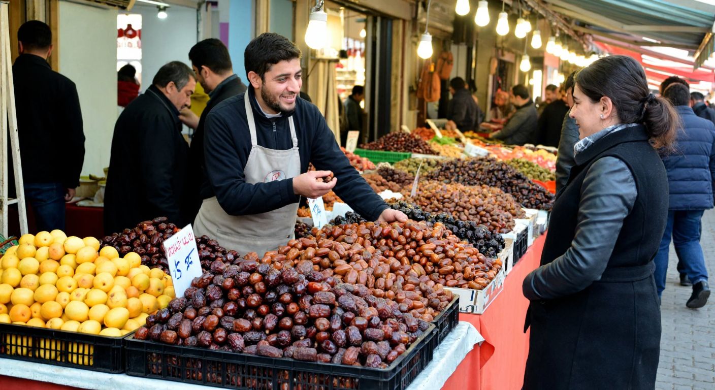A bustling Turkish market stall in Sakarya, piled high with fresh dates, where a smiling vendor in an apron hands a customer a sample while locals browse colorful crates of fruit.