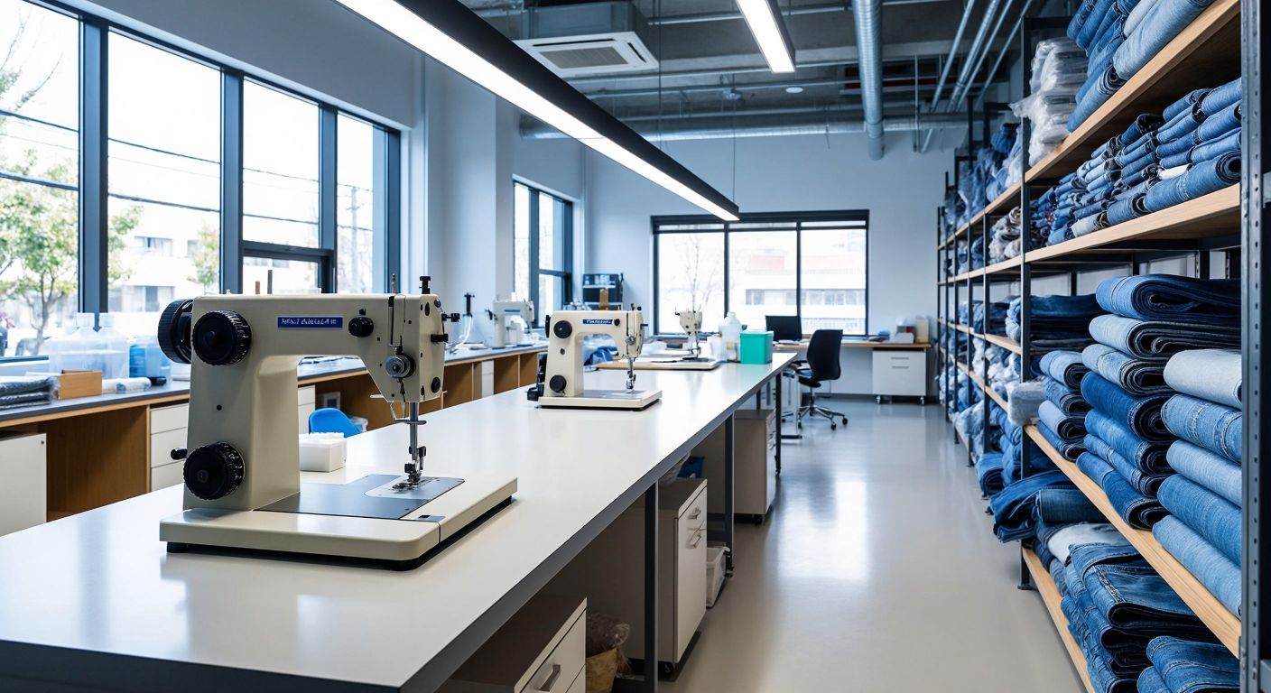 A sleek, modern Japanese laboratory with precision instruments on a clean white counter, contrasted by a vibrant Turkish textile workshop filled with rolls of denim fabric and sewing machines.