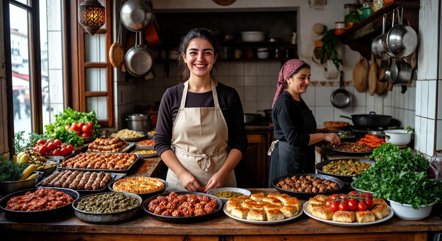 A smiling woman in an apron stands proudly in a bustling Istanbul kitchen, surrounded by vibrant Turkish dishes like kebabs and baklava, while another woman in traditional Black Sea attire prepares cornbread in a rustic Ordu home.