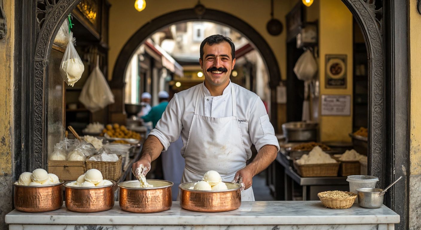 A smiling, mustachioed man in a white apron stands proudly behind a marble counter, scooping thick, stretchy **Akdo Maraş dondurma** from a copper pot, with the golden-brown hues of Kahramanmaraş's historic bazaar visible through the shop's arched doorway.