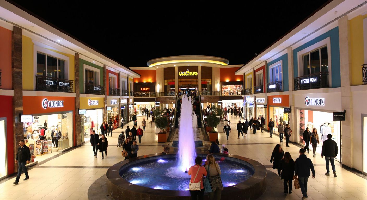 A bustling Turkish shopping mall with colorful storefronts, shoppers carrying bags, and a central fountain under bright lights, evoking a lively yet slightly uncertain search for a specific outlet.