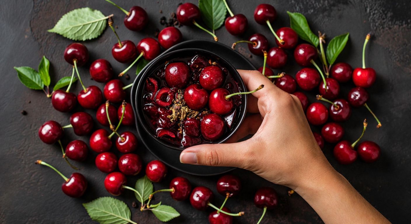 A hand holding a dark cherry-flavored tobacco pouch with fresh vişne (sour cherries) scattered around it, evoking a sweet and tangy aroma.