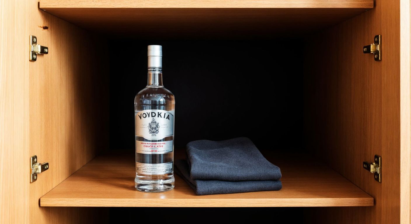 A clear glass bottle of vodka resting on a wooden shelf in a dimly lit, cool pantry, with a neatly folded dark cloth draped beside it to emphasize proper storage conditions.
