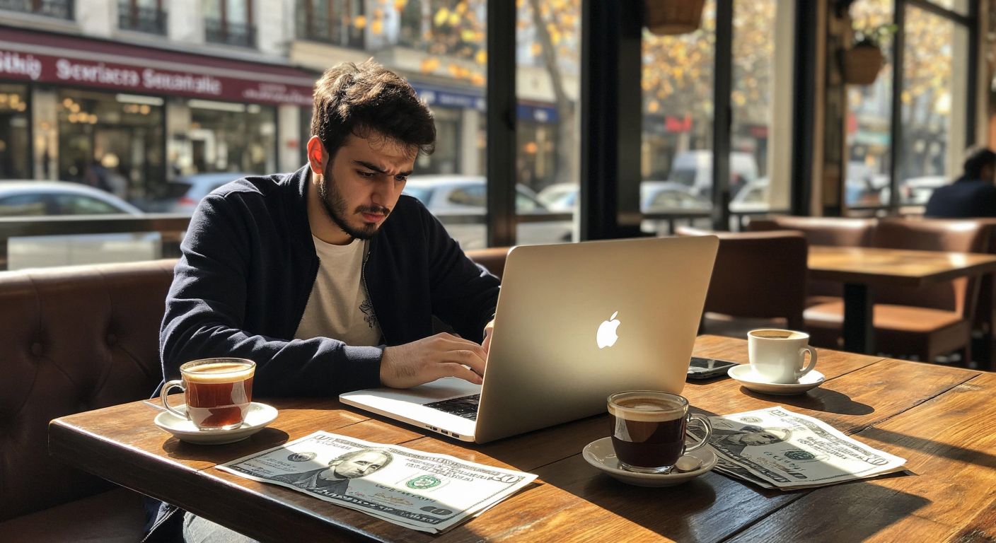 A sleek silver MacBook sits on a wooden table in a sunlit Turkish café, surrounded by steaming cups of Turkish coffee and a pile of lira bills, while a frustrated young adult in casual attire frowns at a rising dollar exchange rate graph on a nearby newspaper.
