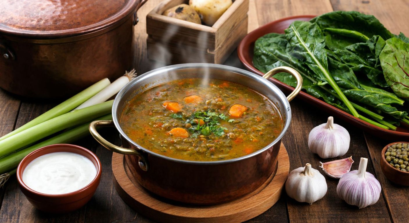 A rustic Turkish kitchen with a steaming pot of pezik çorbası on a wooden table, surrounded by fresh green lentils, bundles of pezik (chard), garlic cloves, and a bowl of yogurt, evoking warmth and tradition.