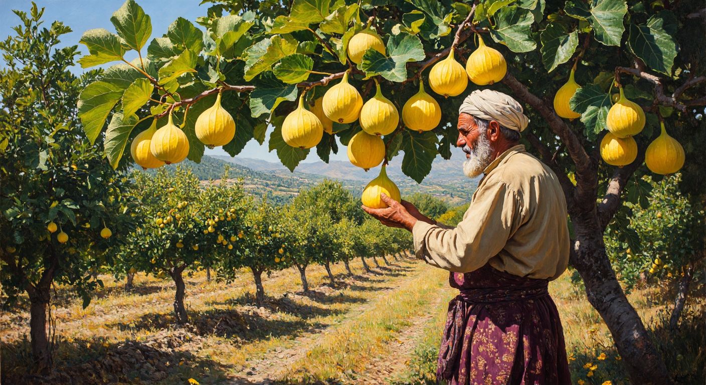 A sunlit Turkish orchard in Aydın with ripe yellow figs hanging from lush green branches, their thin skins glowing golden and plump flesh bursting with sweetness, while a weathered farmer in traditional clothing gently picks the finest mountain-grown figs.