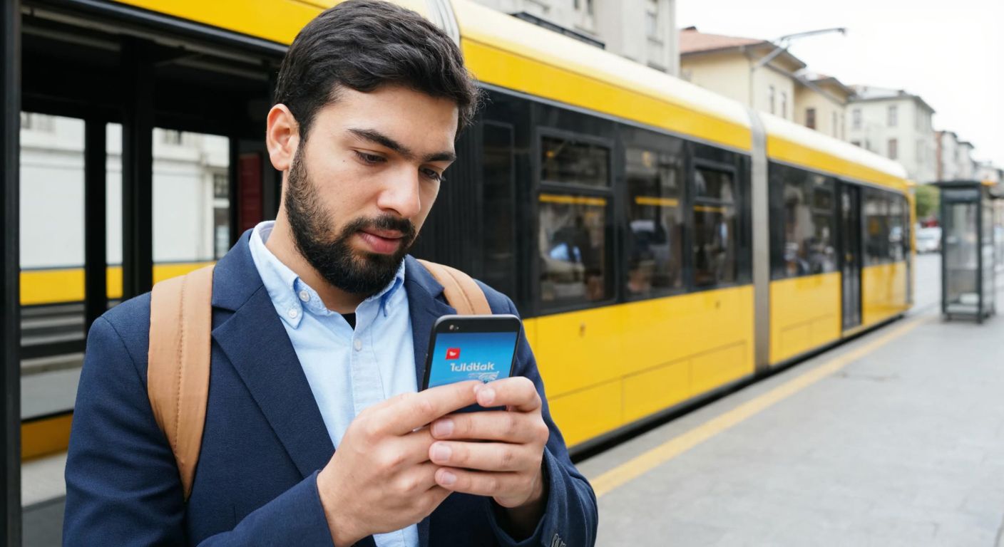 A person in Istanbul holds a newly received blue Istanbulkart while standing near a tram stop, looking relieved as they glance at their smartphone screen.