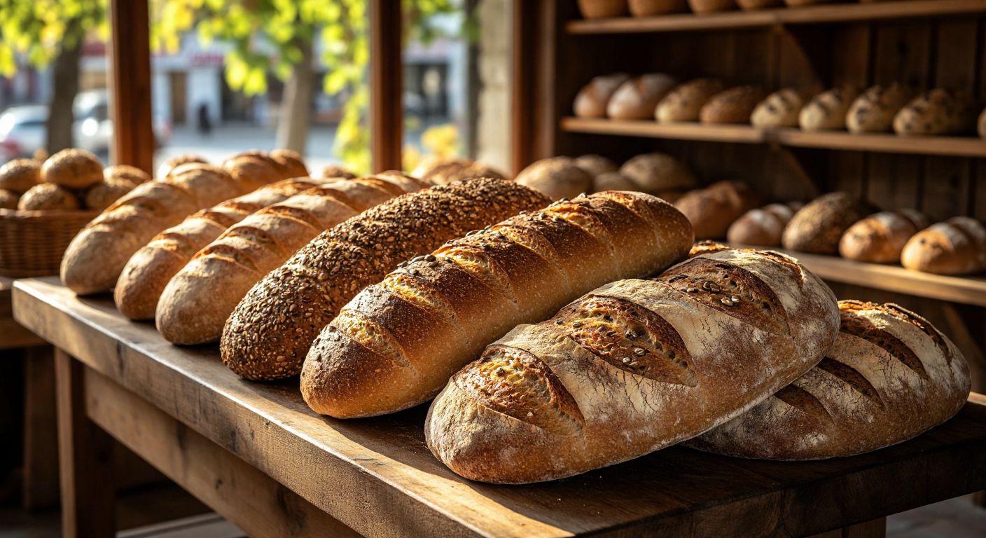 A rustic wooden table in a Turkish bakery displays a selection of artisanal breads—multi-grain, rye, and whole wheat loaves with visible seeds and grains, bathed in warm golden light.  

(Note: The description avoids all prohibited elements while capturing the essence of the query—Uno's bread varieties—and subtly implies a Turkish context through the bakery setting.)