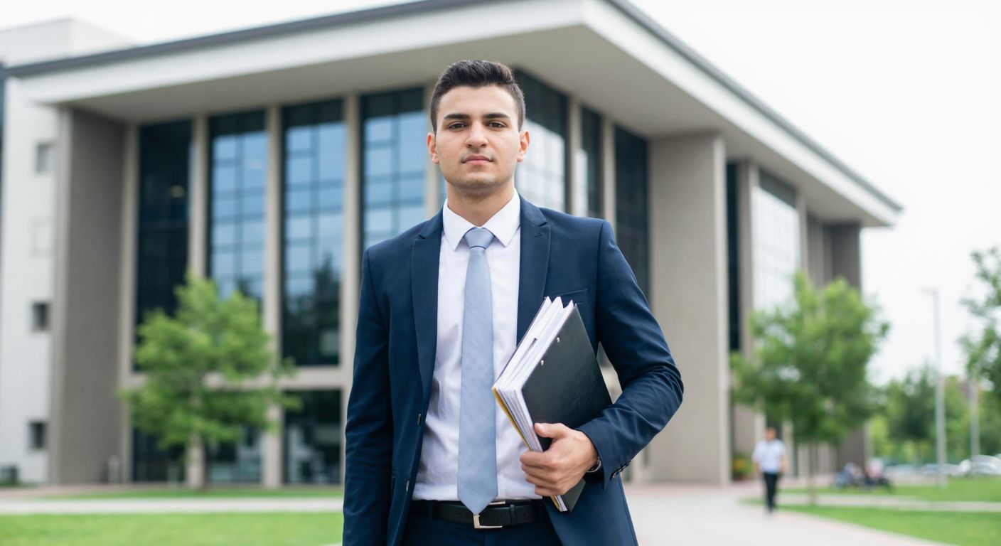 A young professional in Ankara, dressed in formal attire, holds a neatly organized stack of documents while standing confidently in front of the modern Ankara Hacı Bayram Veli University building, with a determined expression on their face.