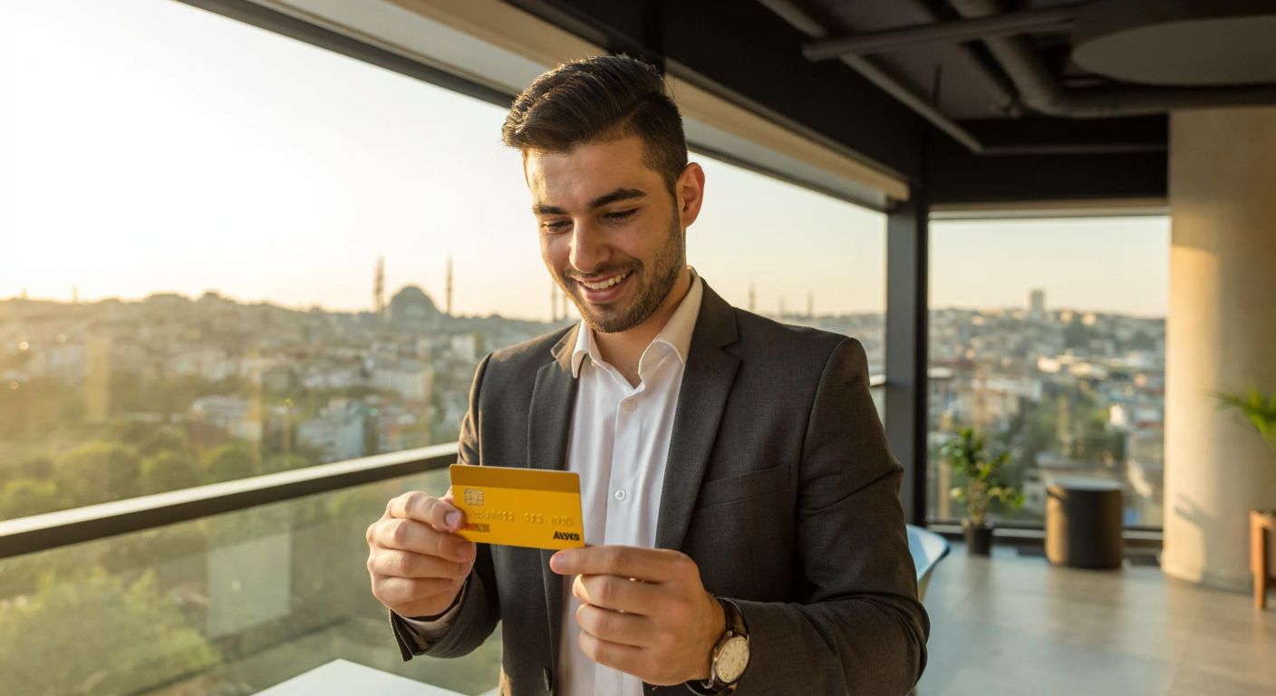 A young Turkish professional in a modern office confidently holds a yellow Axess credit card while smiling at a smartphone displaying the Akbank app, with a warm sunlit backdrop of Istanbul’s skyline.