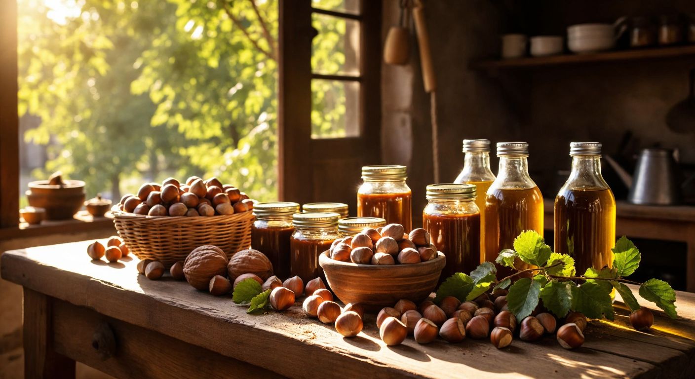 A rustic wooden table in a Turkish kitchen, topped with jars of hazelnut spread, bottles of hazelnut oil, and fresh hazelnuts spilling from a woven basket, bathed in warm golden sunlight.
