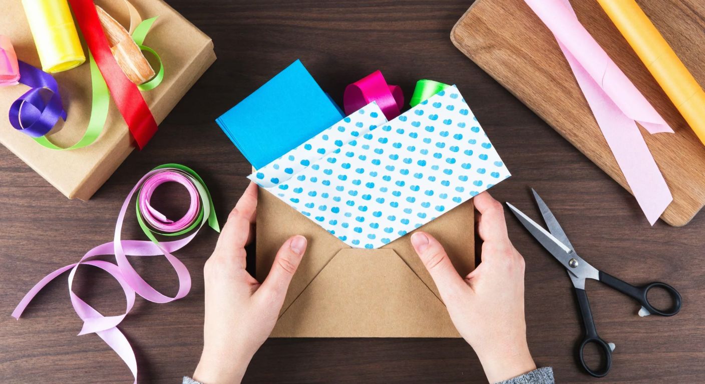 A pair of hands carefully folding a patterned cardboard sheet into a gift bag, with colorful ribbons, glue, and scissors scattered on a wooden table nearby.