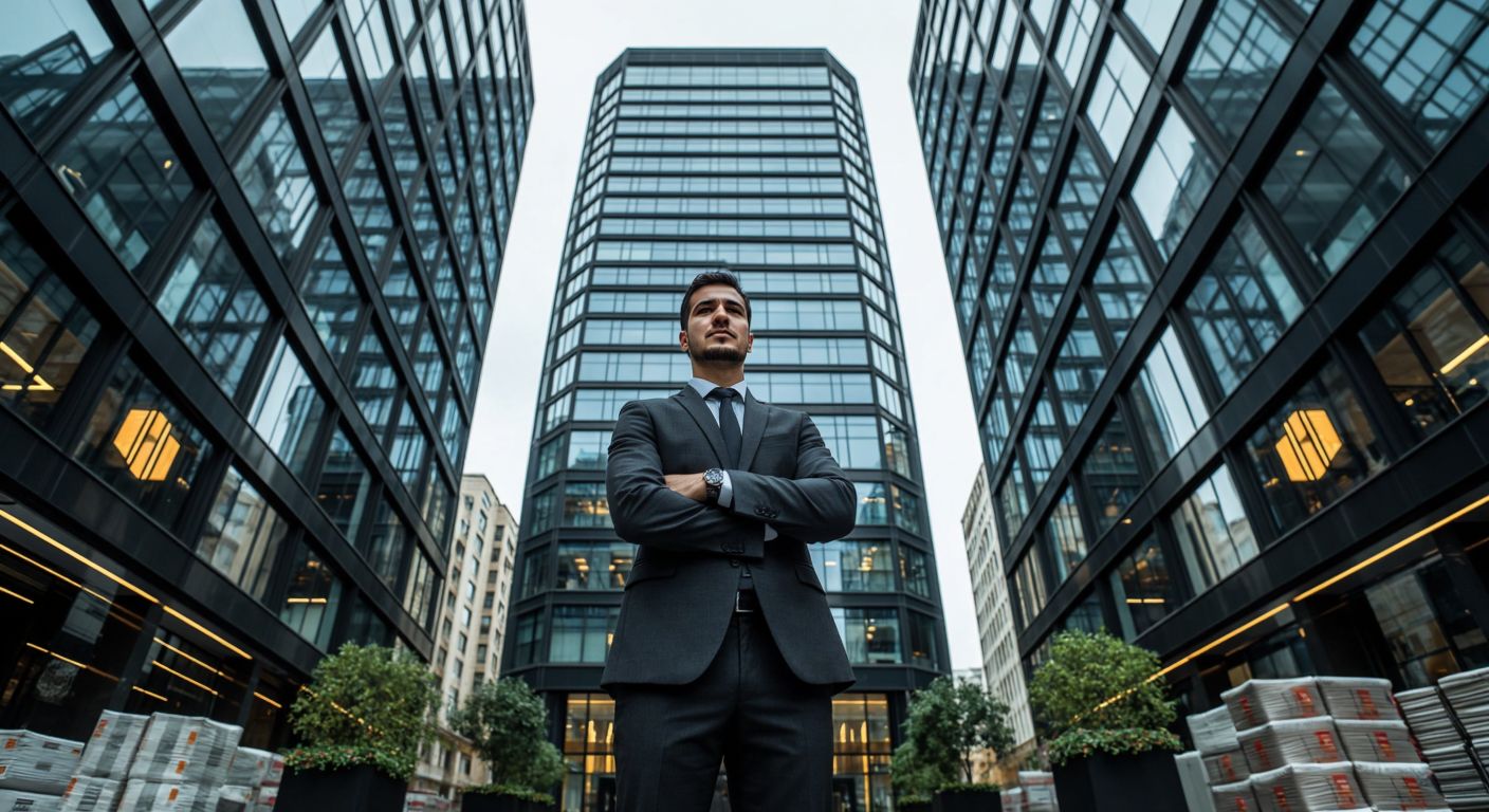 A modern Turkish business executive in a sleek suit stands confidently in front of a towering glass office building, surrounded by symbols of diverse industries like cement bags, shipping containers, and retail products.