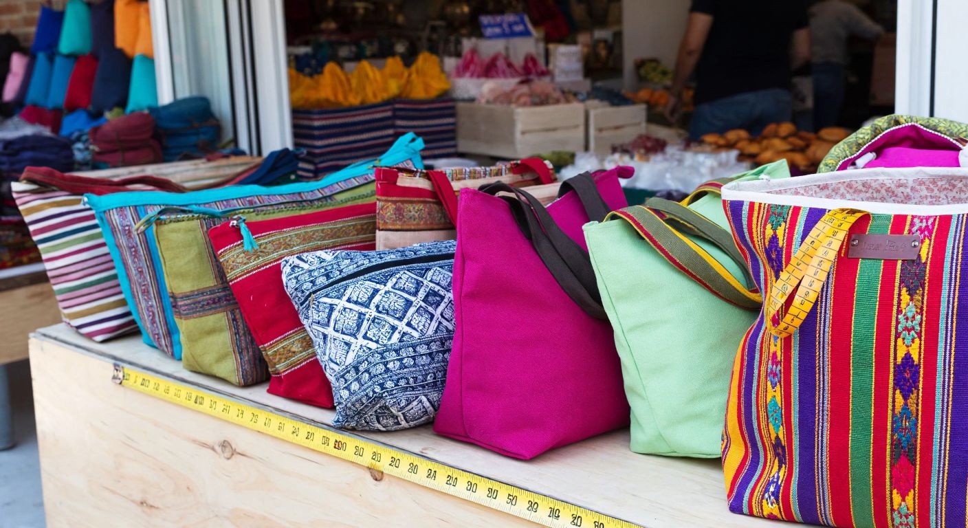 A colorful array of large fabric bags in varying sizes—small, medium, and large—neatly arranged on a wooden table in a Turkish market, with a tape measure draped over them to imply sizing.