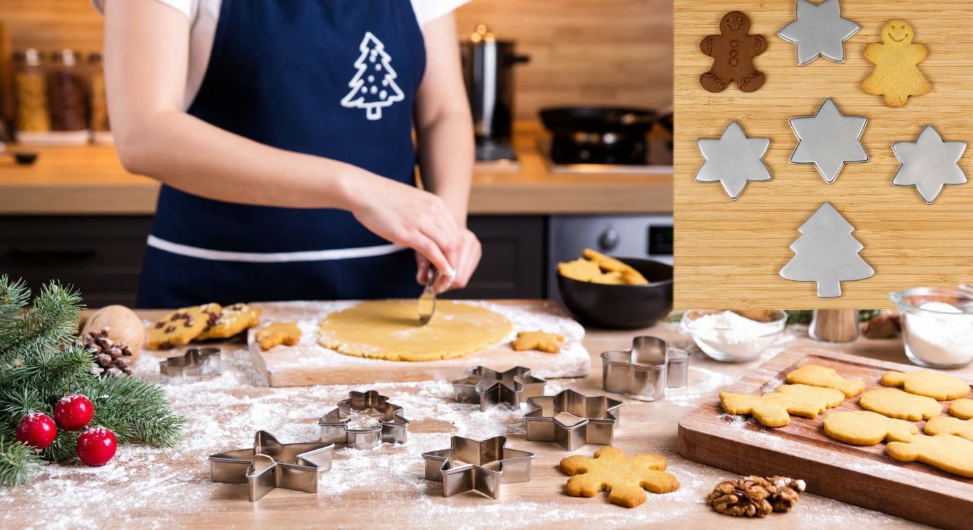 A warm Turkish kitchen with a wooden countertop covered in festive cookie dough, surrounded by an array of Christmas-themed cookie cutters shaped like snowflakes, gingerbread men, and fir trees, while a smiling woman in an apron presses one into the dough.