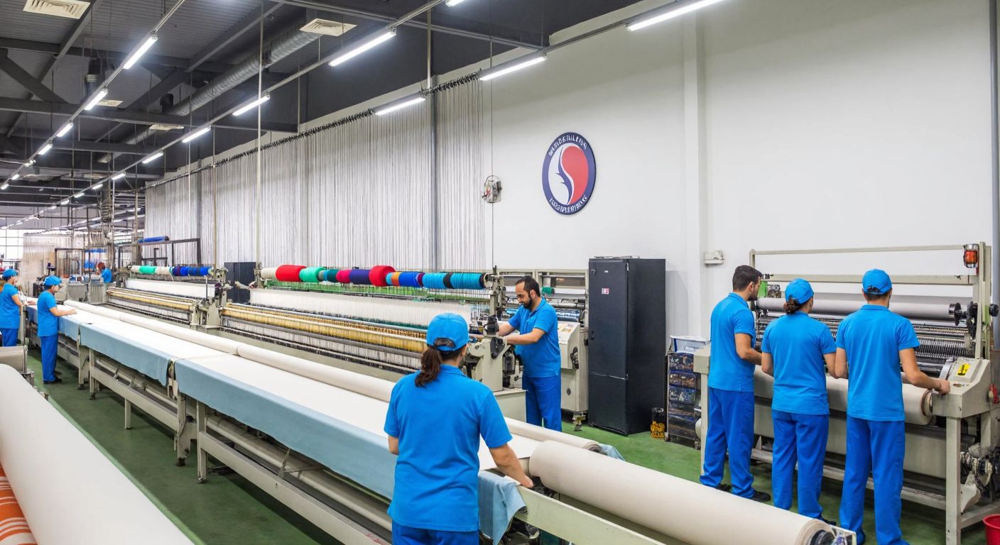 A bustling textile factory in Turkey with workers in blue uniforms operating large weaving machines, stacks of colorful fabric rolls, and a signless company logo on the wall.