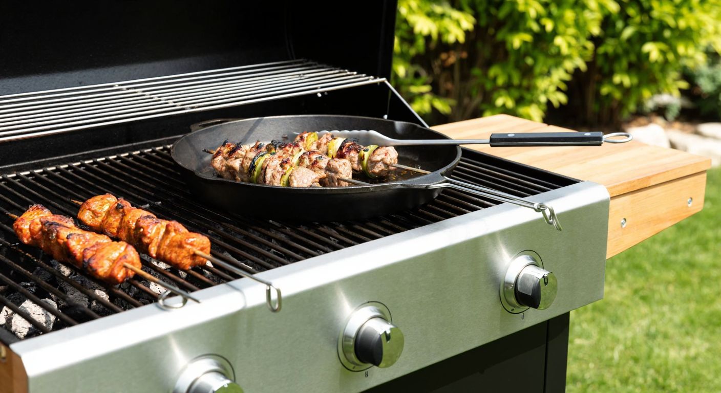 A stainless steel barbecue accessory rack mounted beside a charcoal grill in a sunny Turkish garden, holding tongs, a marinade injector, and a cast-iron pan, with skewered meats sizzling on the grill nearby.