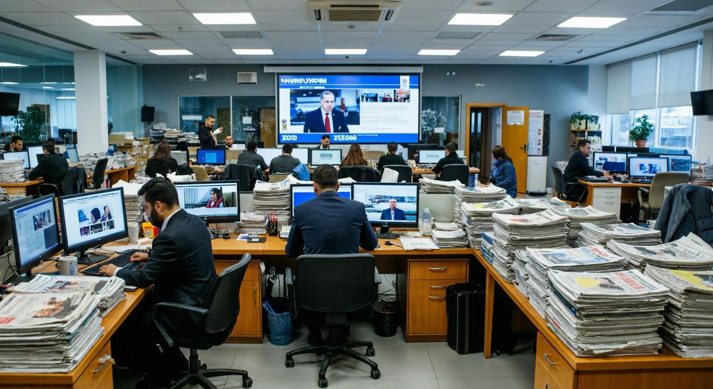 A bustling Turkish newsroom with journalists typing on computers, stacks of newspapers, and a large screen displaying live news feeds, while a businessman in a suit signs a subscription contract at a nearby desk.