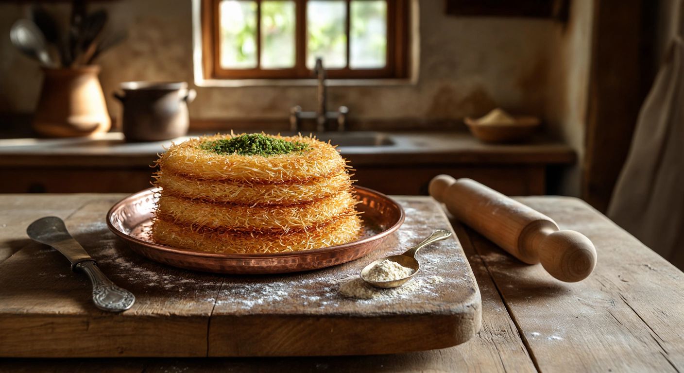 A golden, crispy stack of shredded künefe-like pastry (kübvan kadayıf) resting on a traditional copper tray, surrounded by scattered fine wheat flour (baklavalık un) and a wooden rolling pin on a rustic wooden table in a sunlit Turkish kitchen.