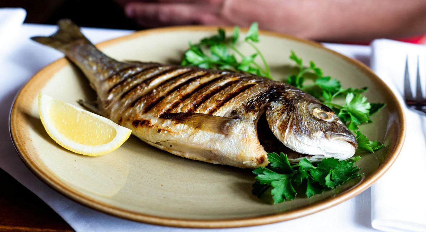 A freshly grilled isparoz fish with crispy golden skin, served on a rustic wooden plate beside a slice of lemon and a sprig of parsley, evoking the aroma of a seaside taverna in Turkey.