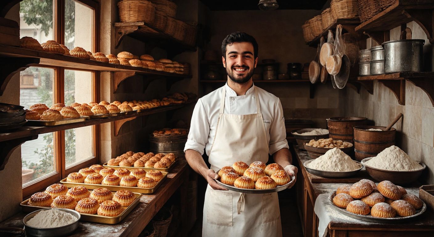 A rustic Turkish bakery with golden trays of freshly baked pastries, a smiling baker in a white apron holding a tray of *Has Mamul* products, surrounded by warm wooden shelves and the aroma of butter and flour.