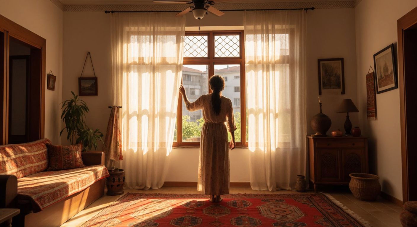 A person in a Turkish home reaches toward a ceiling fan’s pull cord, with warm sunlight streaming through sheer curtains and a traditional kilim rug below.
