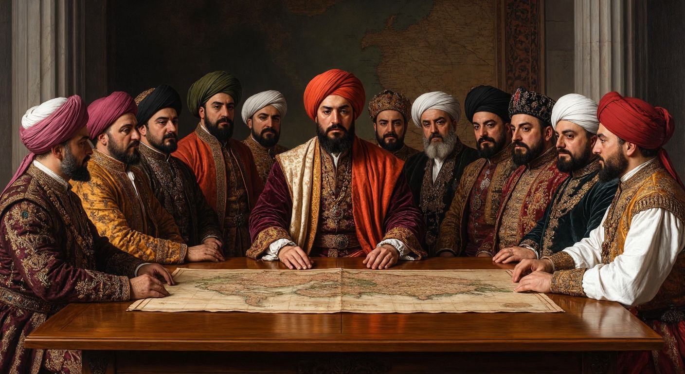A solemn Ottoman diplomat in traditional kaftan and turban sits at a long wooden table, surrounded by European representatives in ornate 17th-century attire, with a faded map of shrinking Ottoman territories lying between them.
