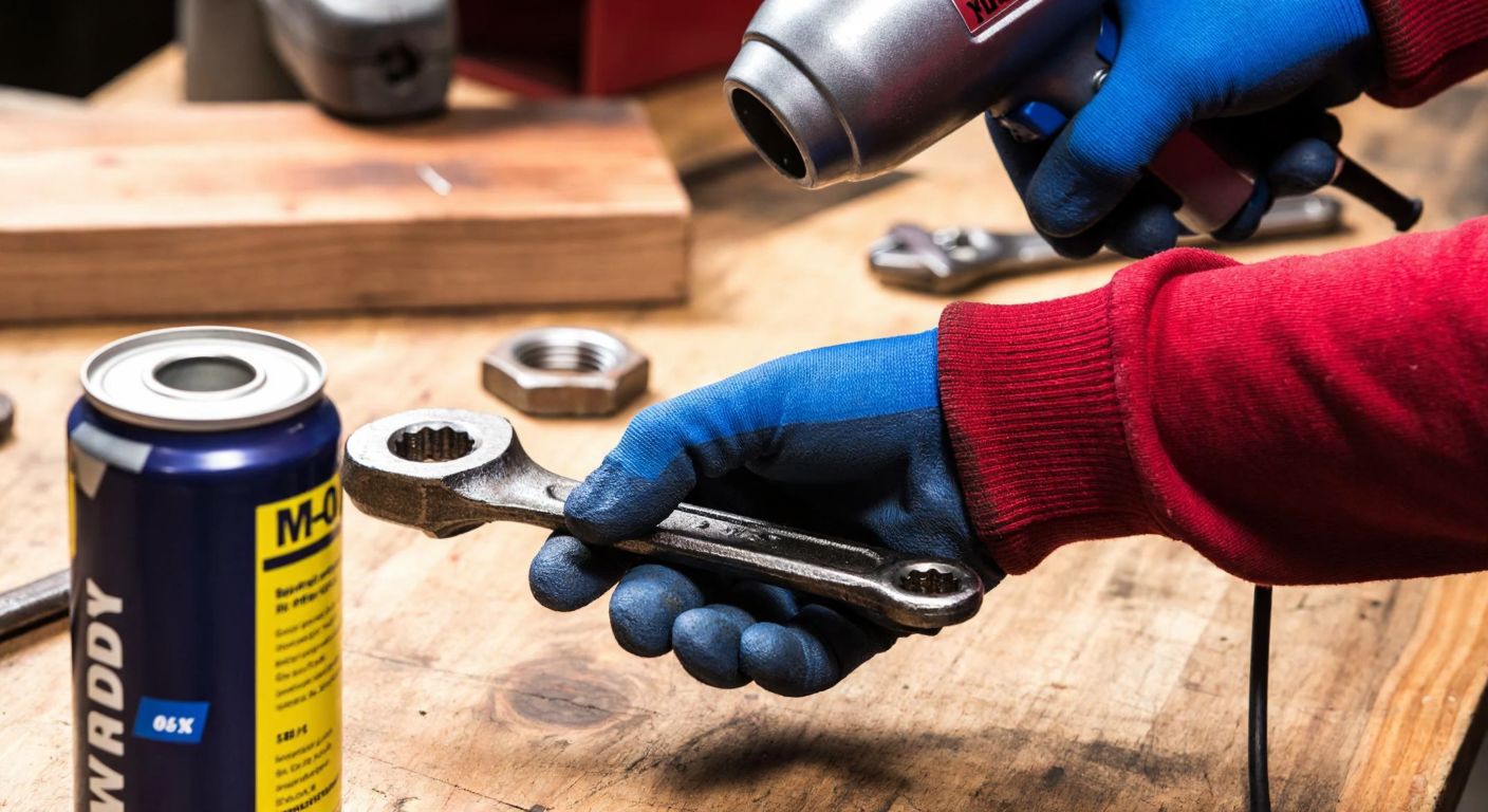 A close-up of a mechanic’s gloved hands using a wrench to loosen a rusted nut, with a hairdryer blowing heat onto it and a can of WD-40 nearby on a wooden workbench.