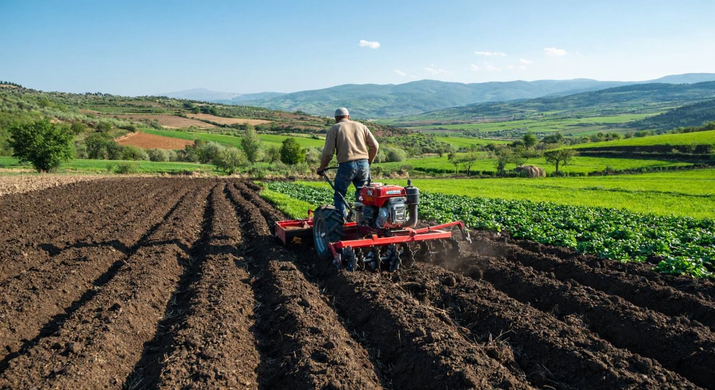 A sunlit Turkish countryside field with a farmer in traditional work clothes operating a sturdy red-and-black çapa makinesi (tiller), surrounded by freshly tilled dark soil and distant rolling green hills.