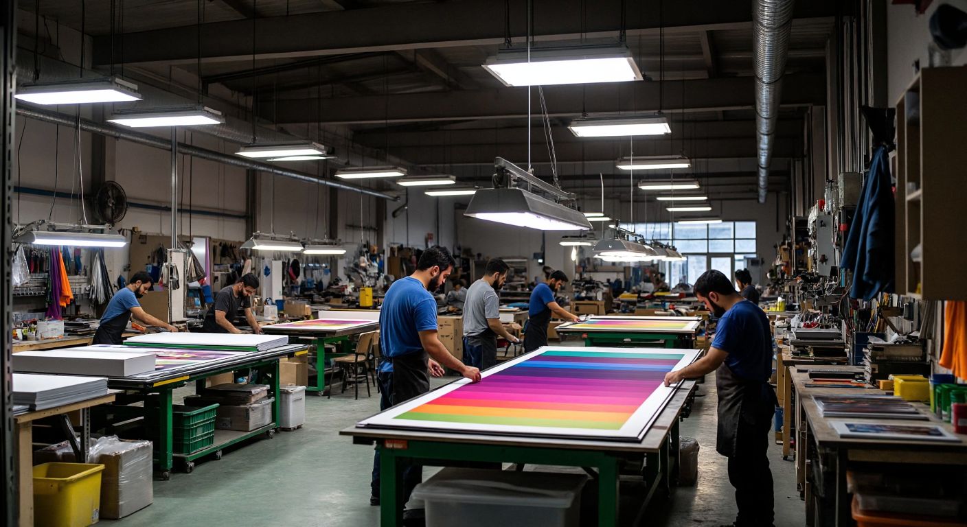 A bustling workshop in İzmir with workers crafting vibrant signage, printing colorful promotional materials, and assembling sleek display stands under bright industrial lights.