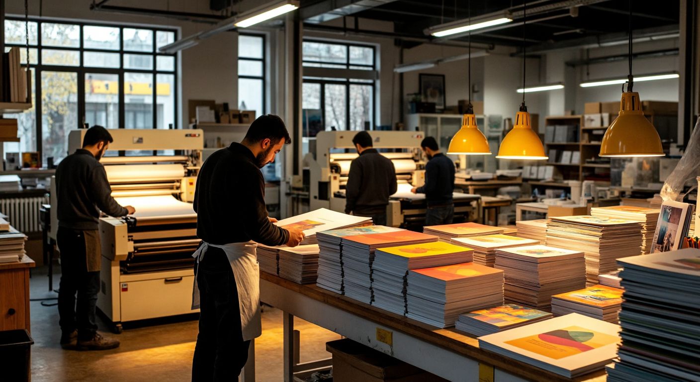 A bustling Turkish print shop with workers operating large printing machines, stacks of colorful brochures and business cards on wooden tables, and a designer sketching a logo under warm yellow lighting.