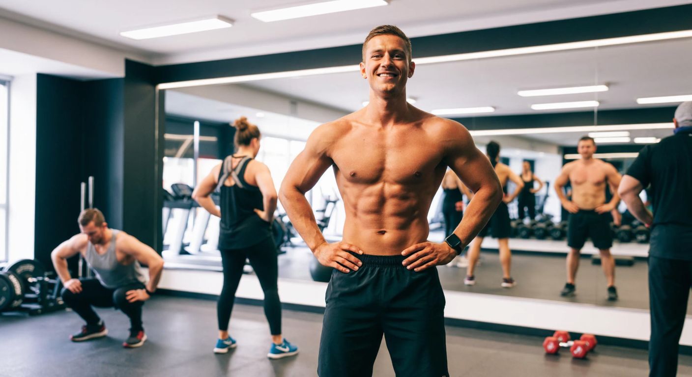 A muscular man with a confident smile, wearing workout gear, stands in a modern gym with mirrored walls and various fitness equipment, surrounded by people exercising and trainers guiding them.