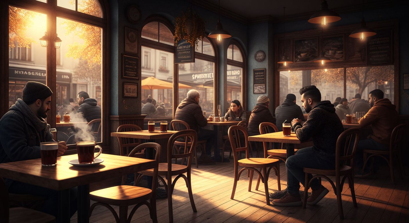 A cozy café in Başakşehir with warm wooden tables, steaming cups of Turkish coffee, and people chatting under soft golden lighting.