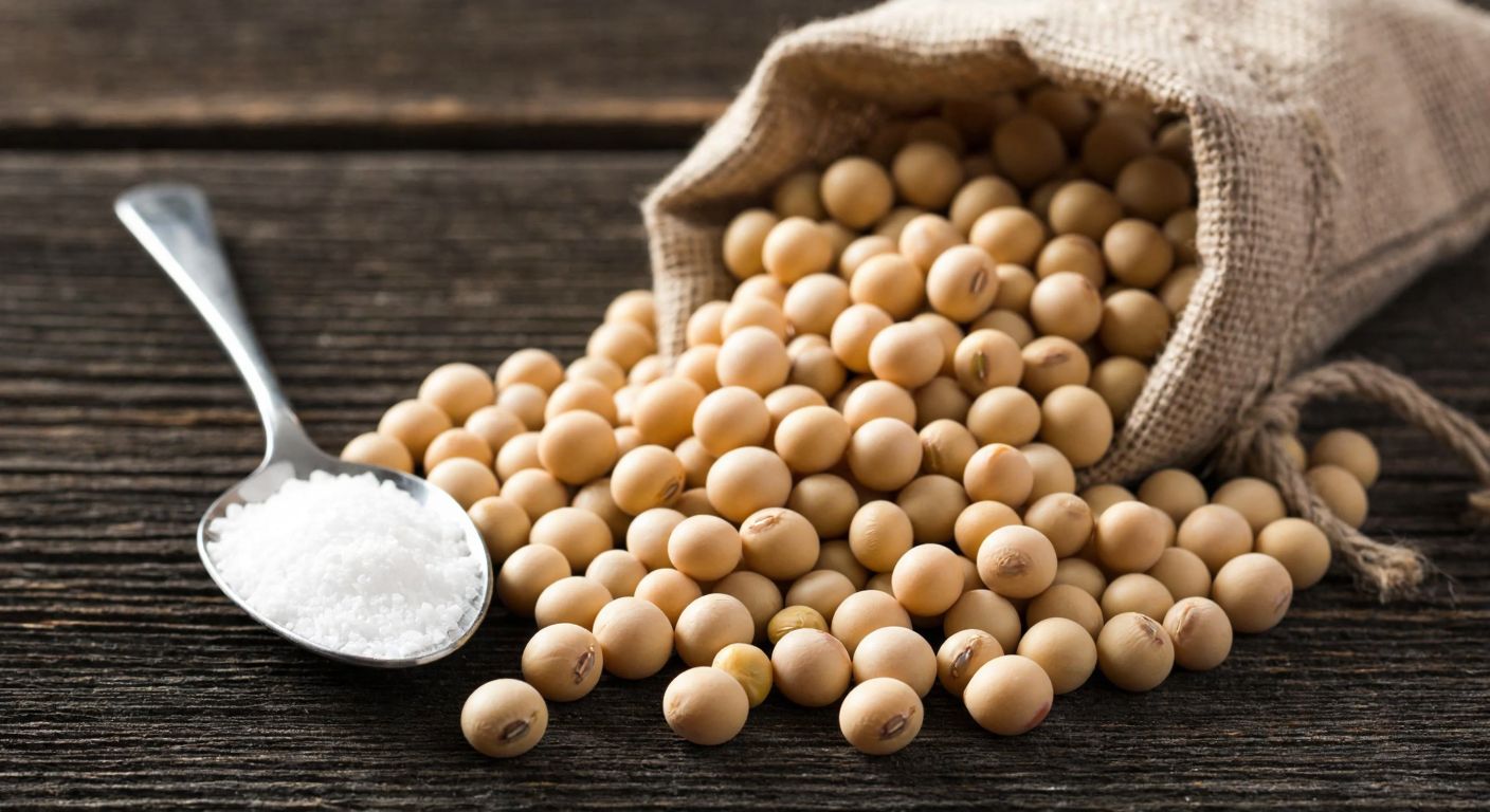 A close-up of a small pile of plump, beige soybeans spilling from a burlap sack onto a rustic wooden table, with a tiny measuring spoon filled with a fine white powder (representing lysine) beside them.