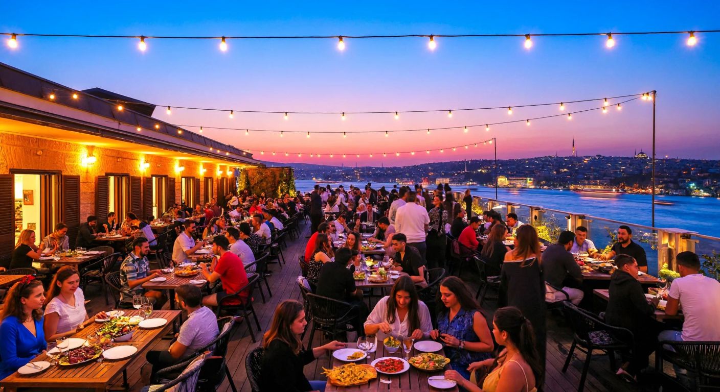 A vibrant Istanbul rooftop restaurant at sunset, with people dining under string lights, enjoying Turkish meze platters against a backdrop of the city's skyline and the Bosphorus.