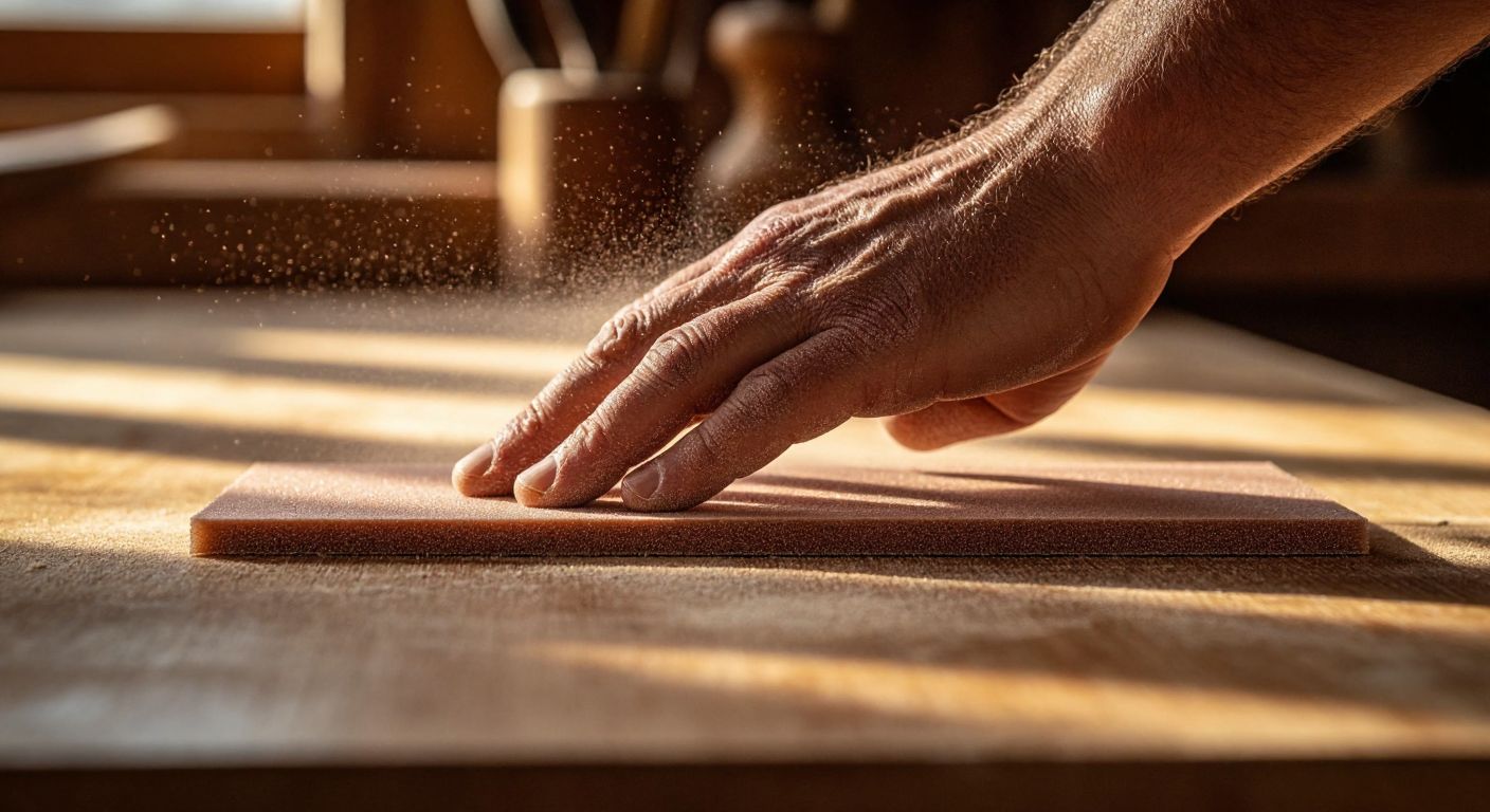 A close-up of a craftsman's rough hand holding a fine-grit sandpaper sheet against a smoothly polished wooden surface, with fine dust particles floating in sunlight.
