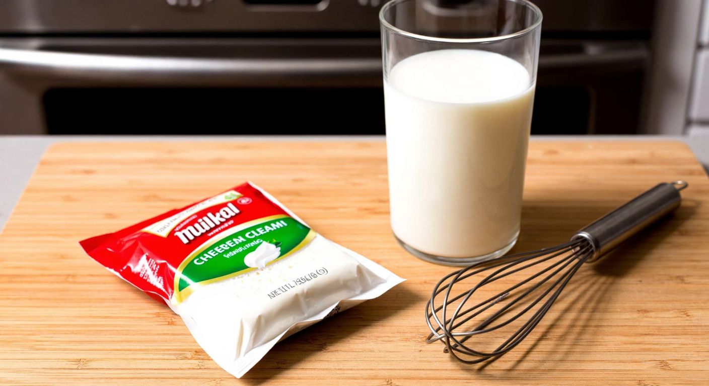 A Turkish kitchen counter with two small packets of whipped cream powder, a glass of cold milk, and a whisk resting on a wooden surface, evoking a cozy and practical cooking scene.