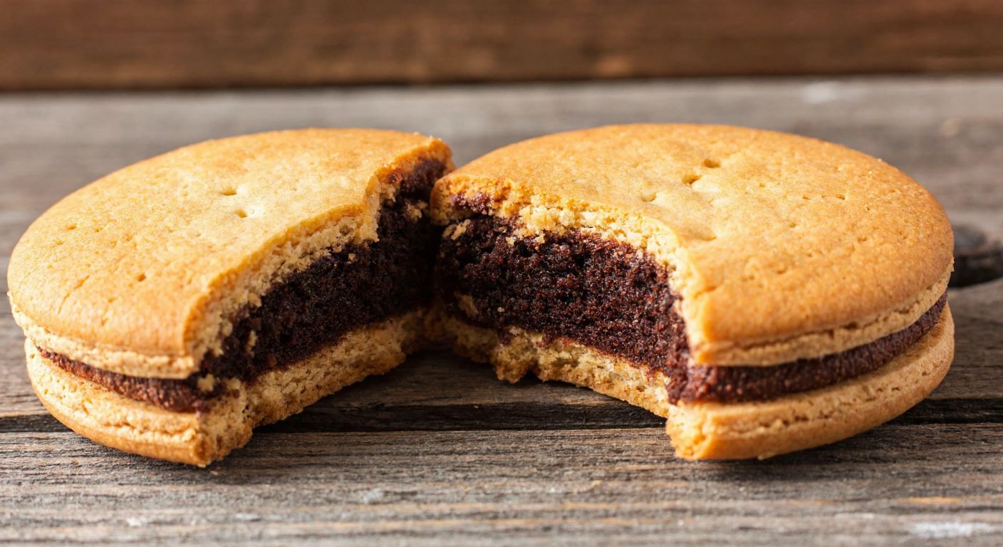 A golden-brown Pötibör biscuit split open to reveal a crumbly interior with visible cocoa powder, crushed hazelnuts, and a buttery sheen, placed on a rustic wooden table in a Turkish kitchen.