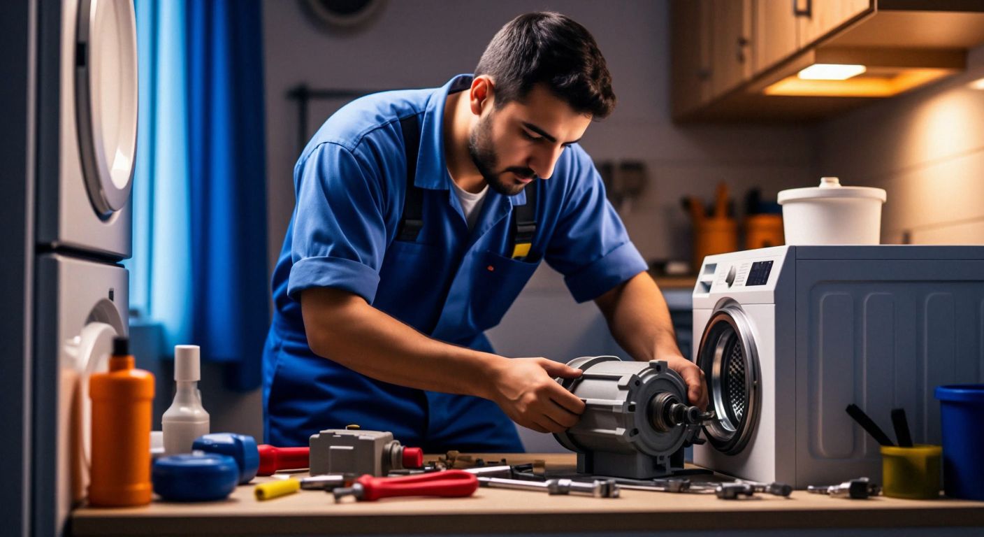 A focused Turkish repairman in a blue uniform carefully disassembles a washing machine's pump, surrounded by scattered tools and a clean workspace under warm indoor lighting.