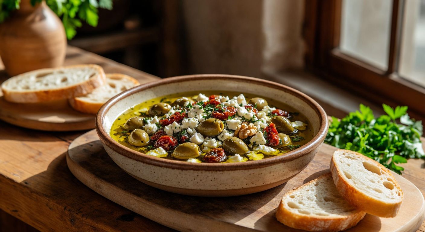 A rustic wooden table in a sunlit Turkish kitchen holds a shallow ceramic dish filled with a golden olive oil mixture, dotted with chopped green olives, sun-dried tomatoes, walnuts, parsley, and crumbled white cheese, surrounded by warm, crusty bread slices ready for dipping.