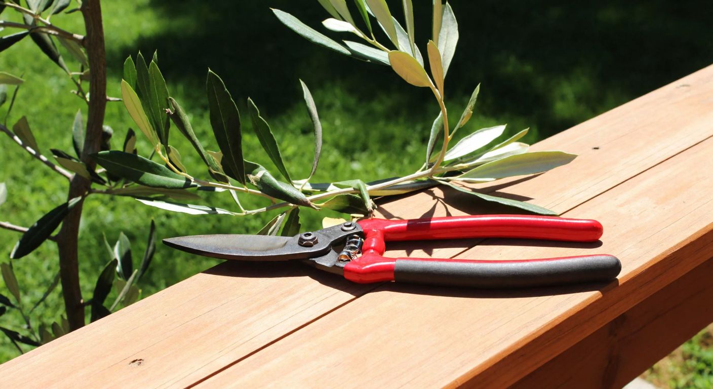 A sturdy pair of pruning shears with a red handle rests on a wooden table in a sunlit Turkish garden, surrounded by freshly cut olive branches.