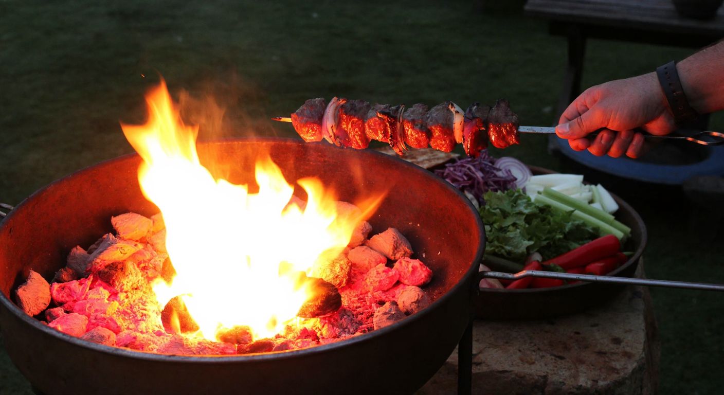 A glowing bed of red-hot embers in a traditional Turkish mangal, with skewers of marinated meat sizzling above, surrounded by fresh vegetables and a rustic outdoor setting under a starry night sky.