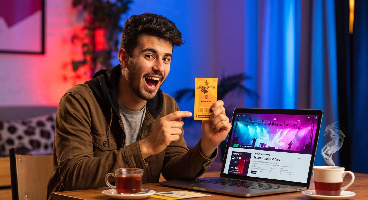 A young Turkish man in a casual outfit excitedly holds up a concert ticket while standing in front of a laptop displaying a colorful event booking page, with a steaming cup of çay (tea) beside it.