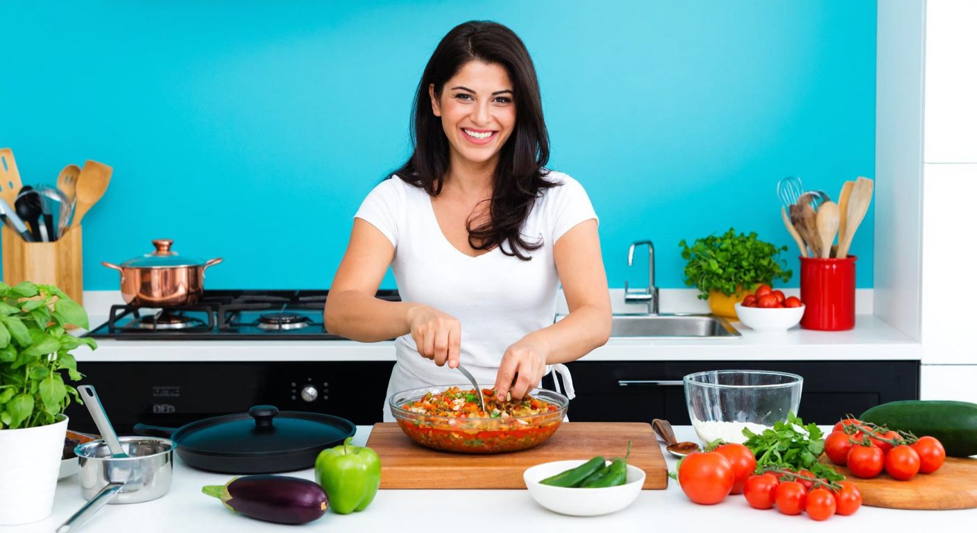 A cheerful woman with dark hair stands in a bright blue kitchen, smiling as she prepares a colorful Turkish dish, surrounded by fresh ingredients and cooking utensils.